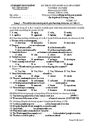 Đề thi tuyển sinh Lớp 10 THPT môn Tiếng Anh - Mã đề 217 - Năm học 2019-2020 - Sở giáo dục và đào tạo Quảng Bình